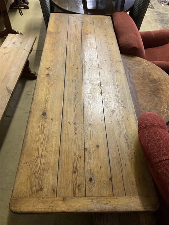 A Victorian style rectangular pine refectory table and a two bench seats, table width 203cm, depth 69cm, height 76cm